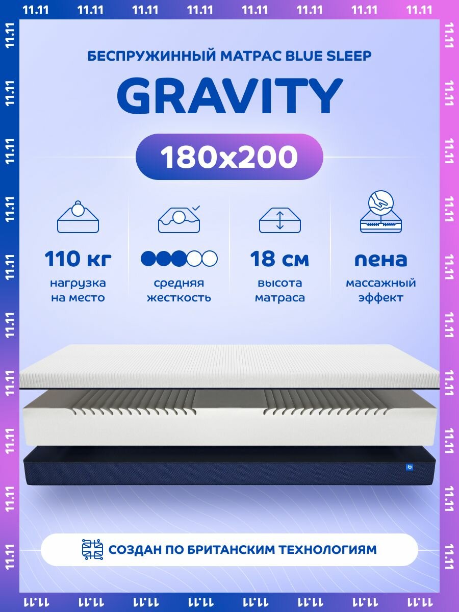 Матрас 180х200 беспружинный на кровать ортопедический Blue Sleep Gravity