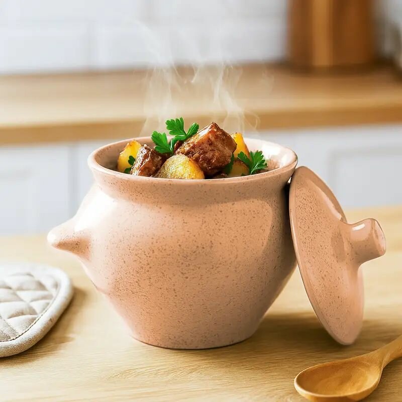 Горшок для жаркого с ручками, 0.5л, керамика, для приготовления и подачи ароматного и вкусного блюда, с удобной крышкой, подходит для духовки и микроволновой печи.