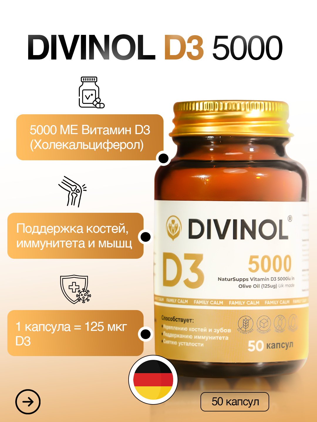 Витамин D3 5000 IU, для костей и мышц, для иммунитета, без глютена, без ГМО, без лактозы, без глюкозы