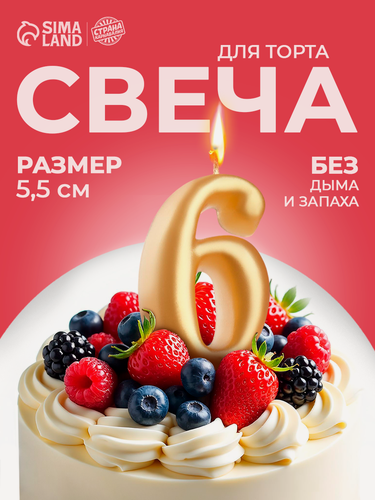 Изображение товара Свеча для торта Страна Карнавалия «Цифра 6», размер 5.5 см, золотая