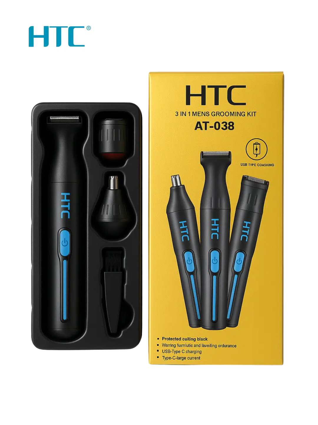 Набор для стрижки и бритья HTC: Триммер универсальный 3 в 1 / 4 в 1 , USB Type-C — фото 1