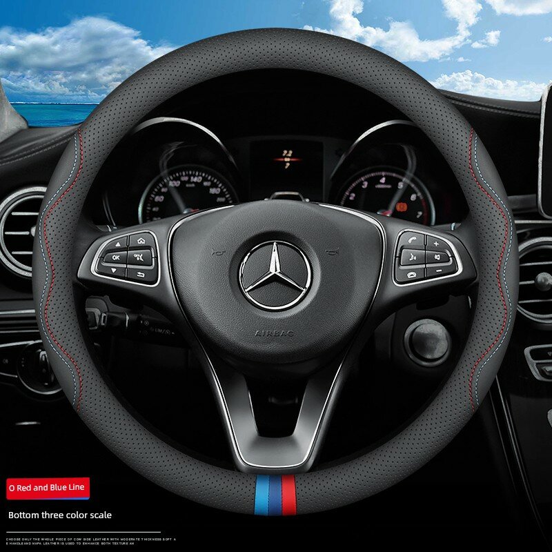 Круглый чехол из натуральной кожи и нappa для руля Mercedes GLA220/GLA200 - 3 цвета логотипа
