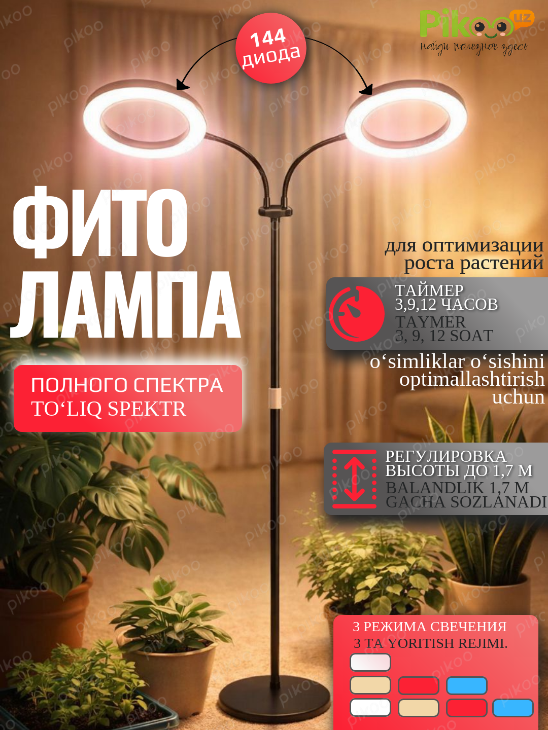 Фитолампа «Ангельские кольца» 2 кольца, 144 LED, таймер, полный спектр, пульт, 24 Вт