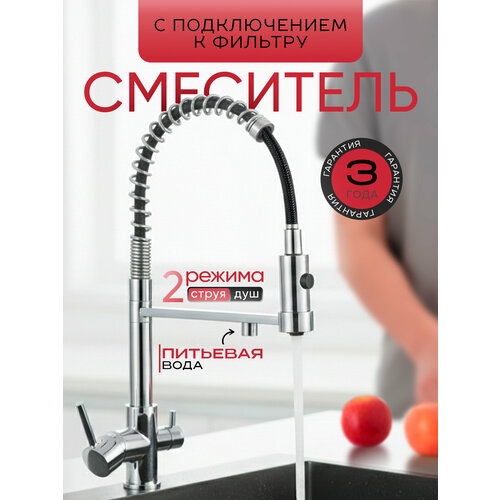 фото Смеситель кран для кухни с фильтром для питьевой воды, с гибким изливом, кухонный серебристый, латунь sanexpert