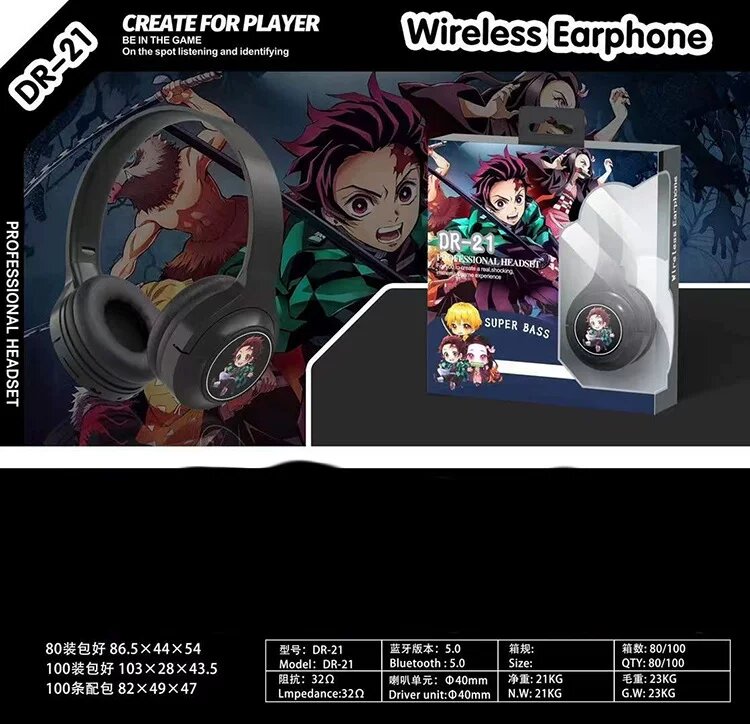 Беспроводные наушники Bluetooth с дизайном Demon Slayer черный, эксклюзивный по IP, элегантные для современных