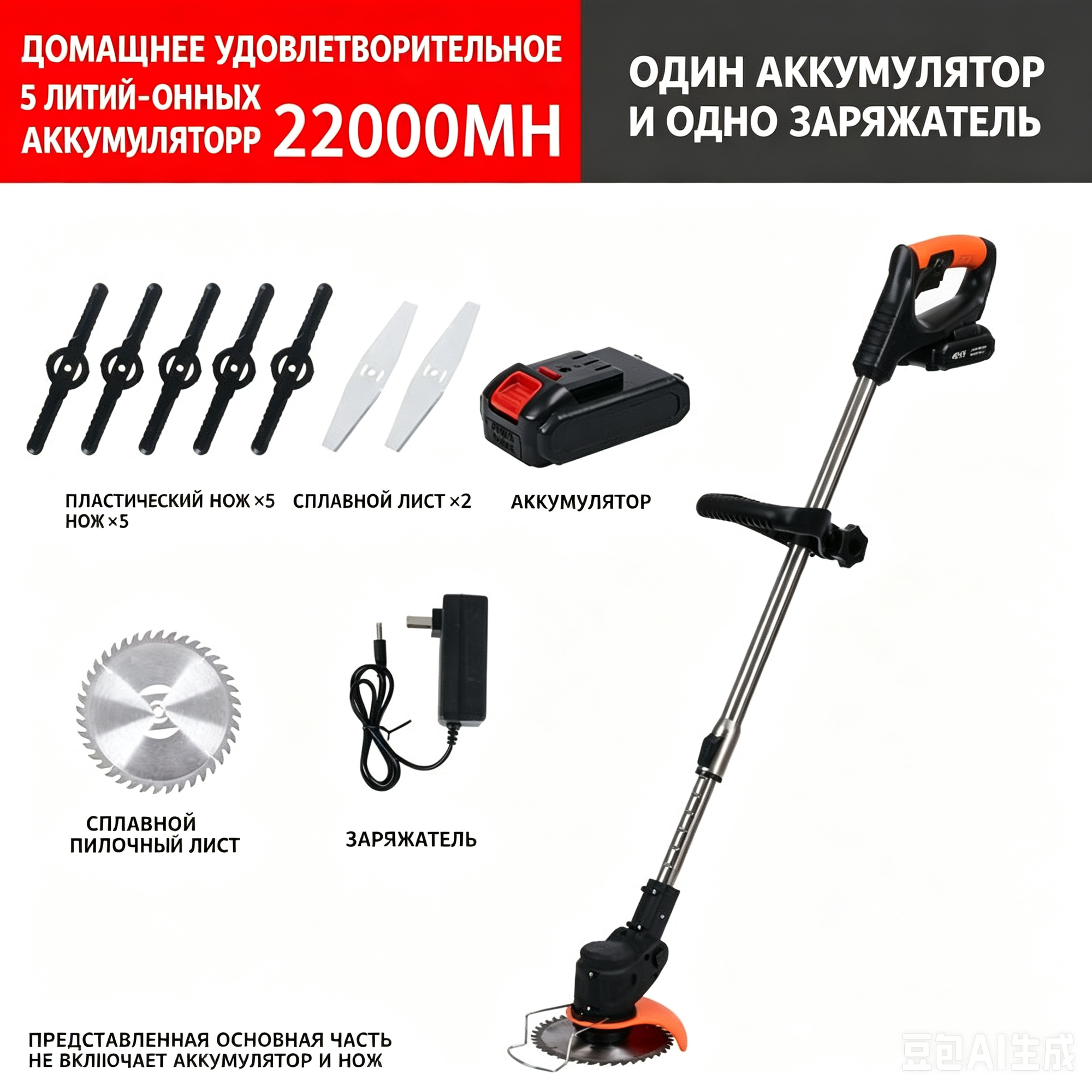 Газонокосилка аккумуляторная , 22000MH , несамоходная, оранжевая