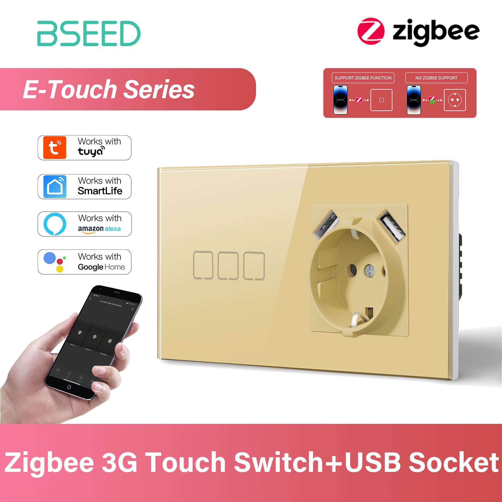 Умный сенсорный выключатель с розеткой с 2USB, 3 клавиши 1 розетка, ZIGBEE, Smart Life с Алисой