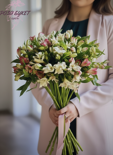 Изображение товара Букет цветов, букет из 29 альстромерий под ленту, премиум цветы, долгий букет