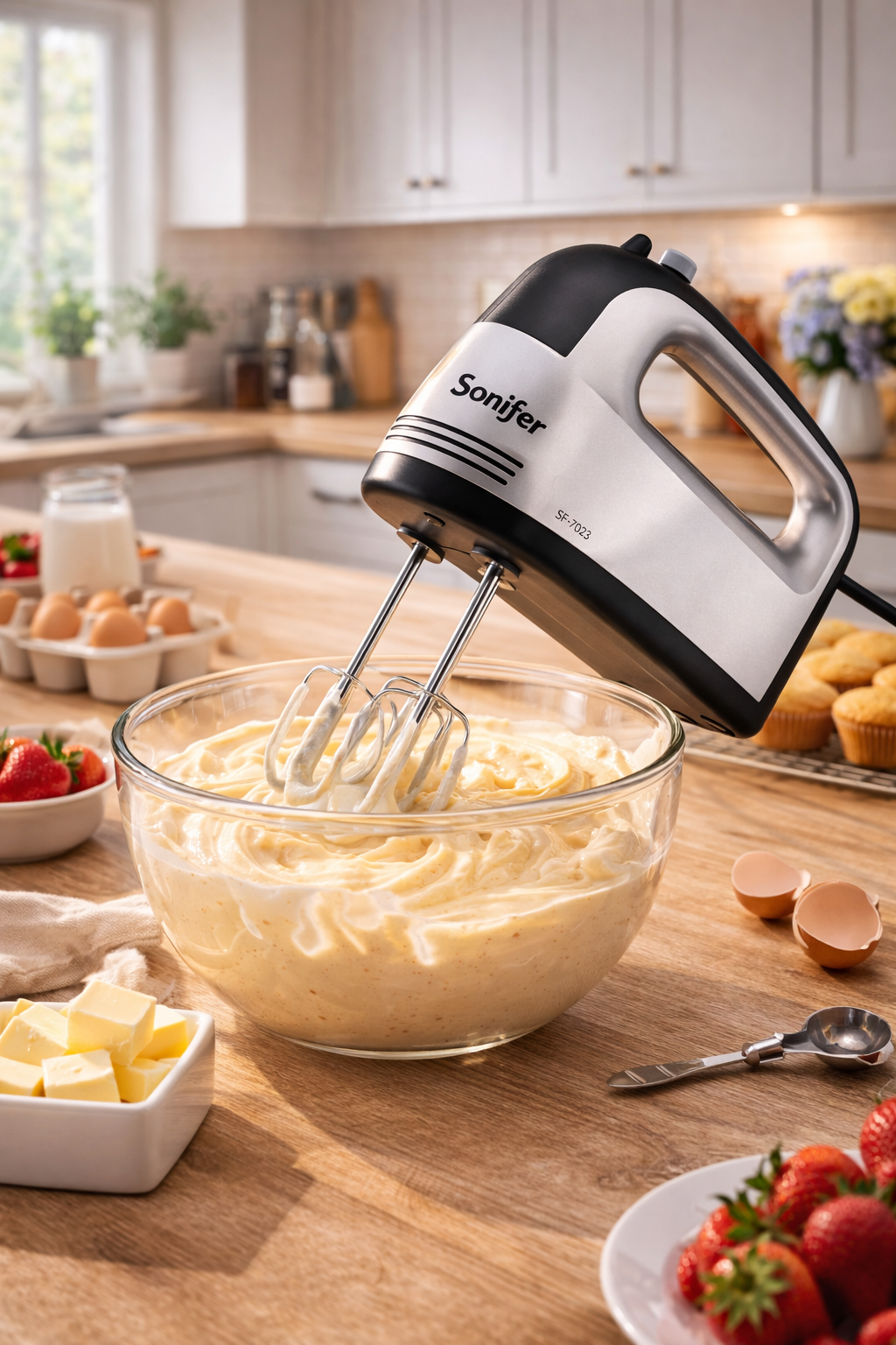 Sonifer SF-7023 - это электрический ручной миксер для кухни, смешивания и замеса различных продуктов