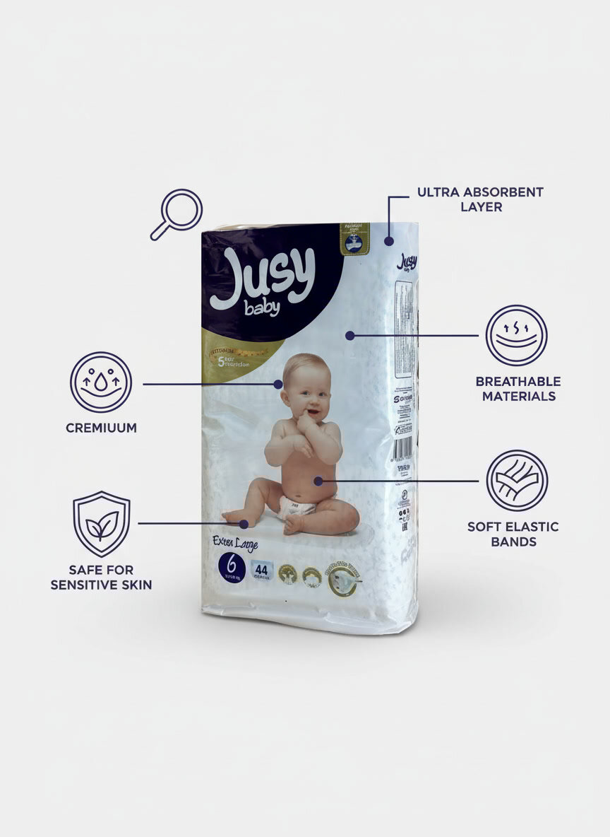 Подгузники Jusy Baby – комфорт и защита до 12 часов для девочек и мальчиков, 15-35 кг, 44шт