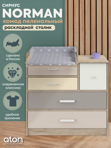 Изображение товара Детский пеленальный комод Атон Сириус Norman 905 с 5 ящиками, ЛДСП, дуб крафт серый-бежевый