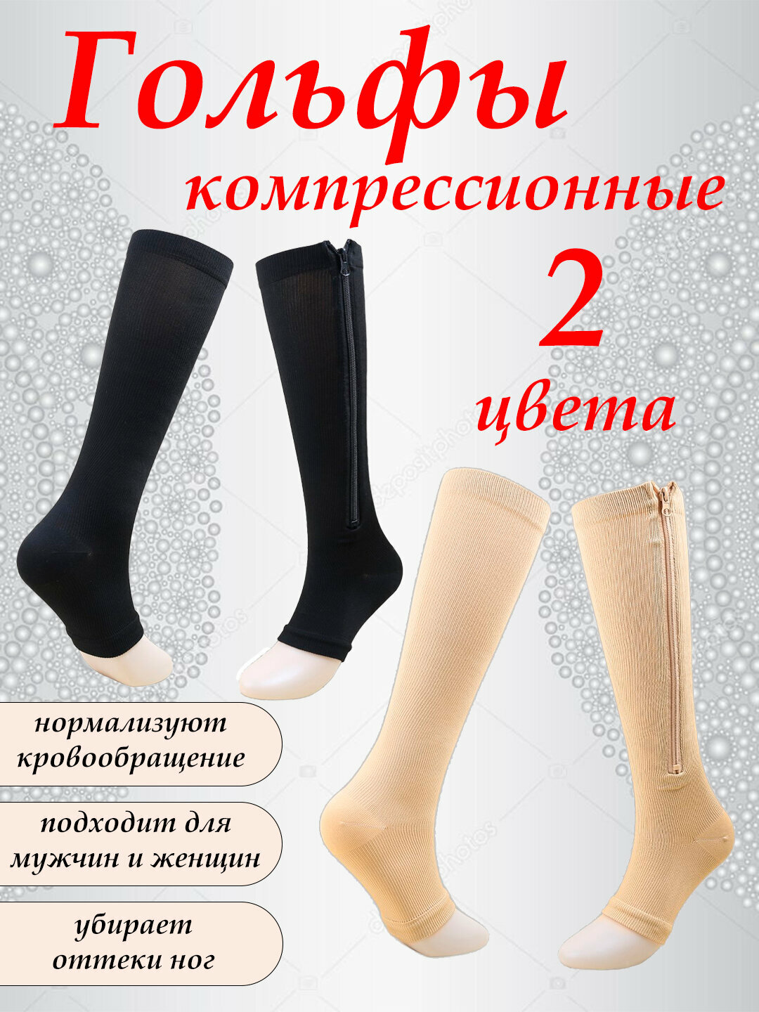 Компрессионые антиварикозные чулки, гольфы, носки с открытым носом и боковой молнией, 2шт. Размеры S-M, L-XL, XXL