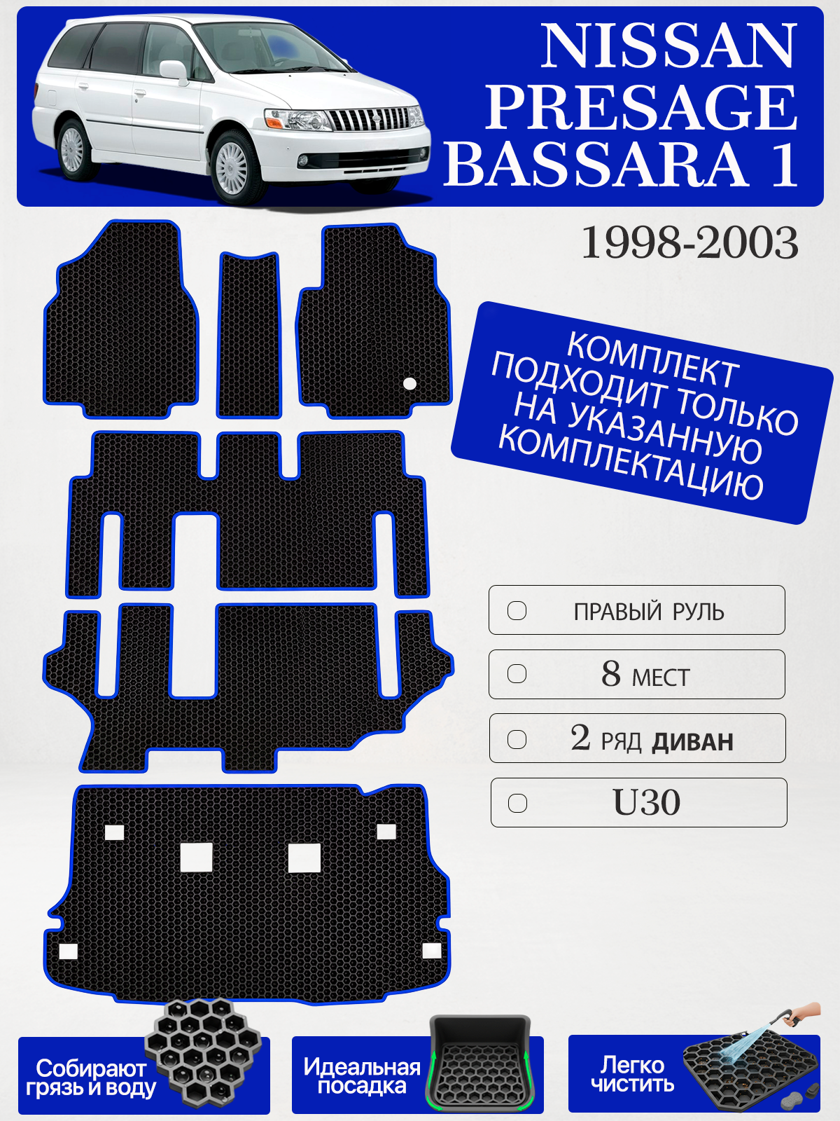 Комплект Эва ковриков + багажник для Nissan Presage 1 (U30), Nissan Bassara 1 1999-2003 8 мест С Правым рулем, черный с синим кантом(Ниссан Бассара 1 кузов JU30 , Ниссан Пресаж 1 кузов U30 2ой ряд диван) Eva, Ева