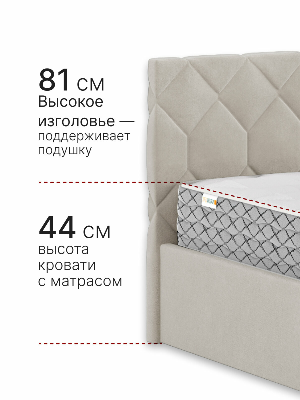 Кровать 180х200 с матрасом с подъемным механизмом двуспальная Техас с ортопедическим основанием и ящиком, велюр светло-бежевый — фото 1