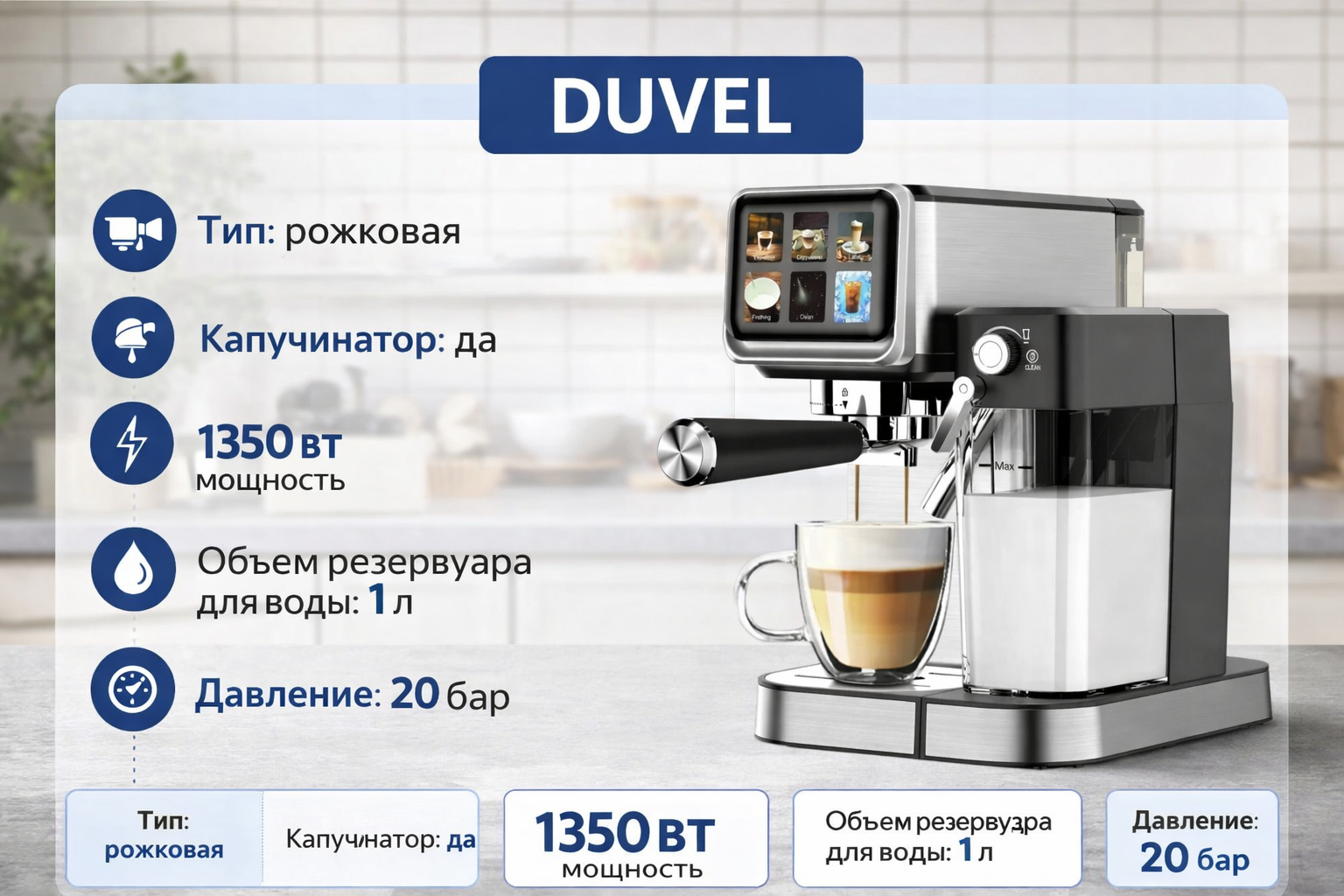 Кофемашина DUVEL DL-010, давление 20 Бар, мощность 1350Вт, сенсорное управление