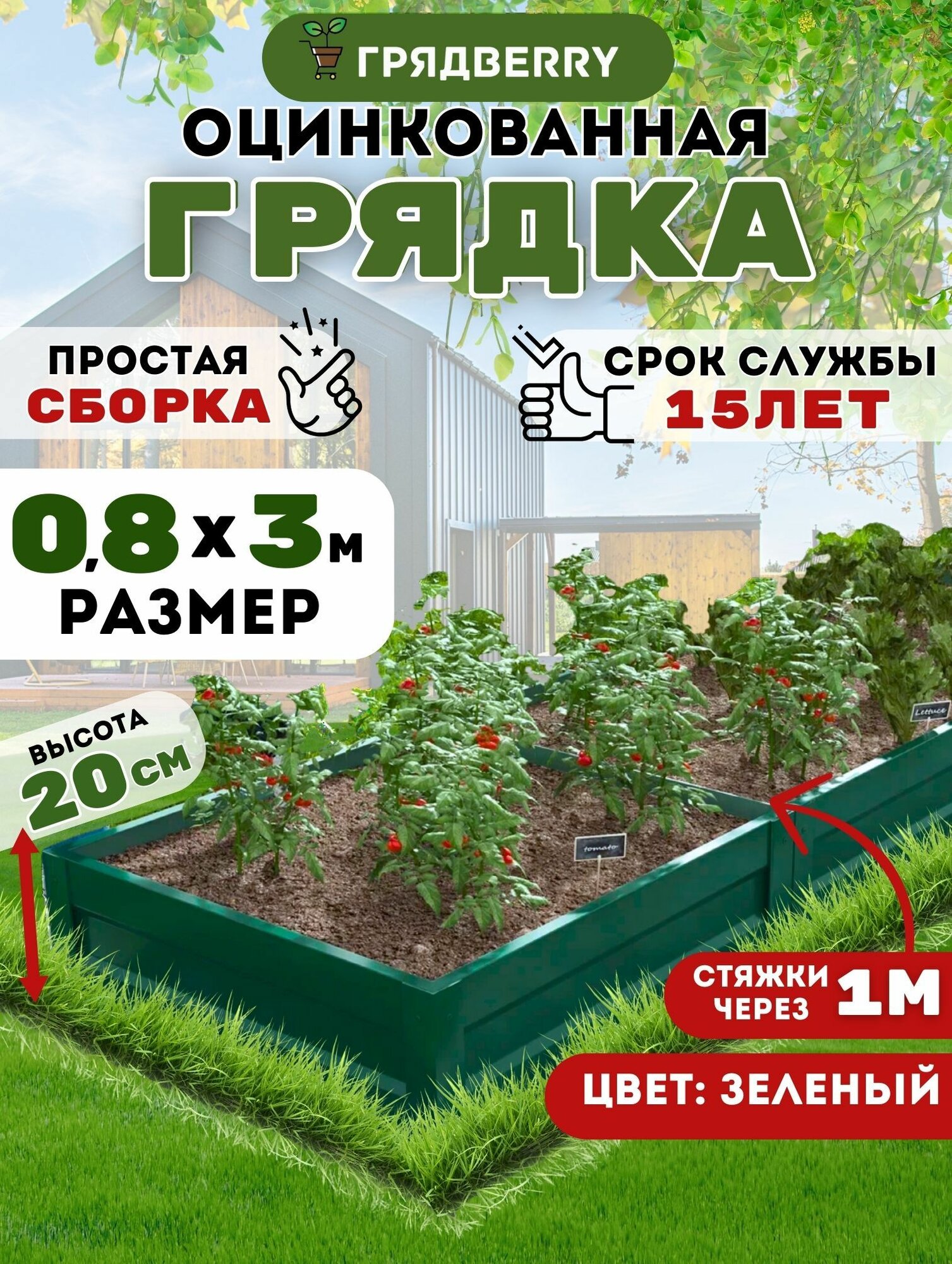 Грядка оцинкованная с полимерным покрытием на дачу Грядberry 0,8х 3 метра высота 20 см