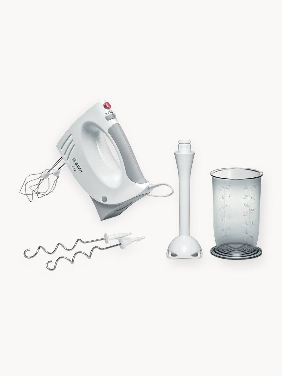 Bosch Миксер ручной MFQ3540, 450 Вт, 5 скоростей, 5 насадок, ручка Soft-Touch, клюки для теста, насадка блендер, белый