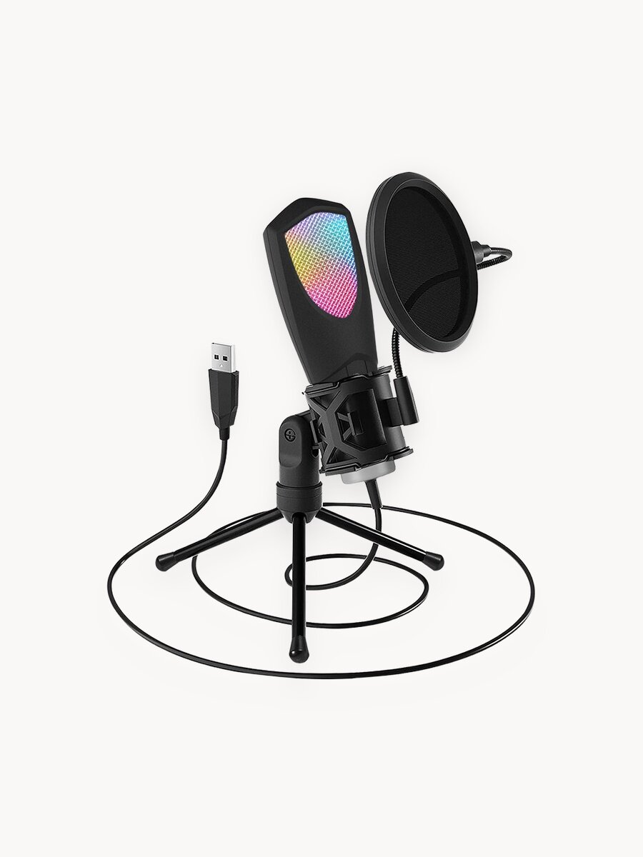 Микрофон для компьютера, конденсаторный USB Микрофон, микрофон студийный для с RGB-подсветкой, для стримов, подкастов