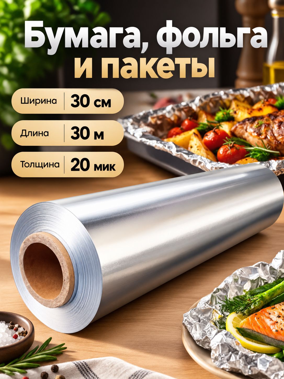Фольга пищевая 30 м х 30 см, 20 мкм, 1 шт