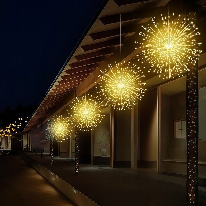 Подвесные солнечные LED-гирлянды в форме петард, 4 нити по 60 светодиодов (240 шт.), цвет тёплый белый, 8 режимов свечения, защита IP44, для двора, вечеринок, кемпинга и праздничного декора