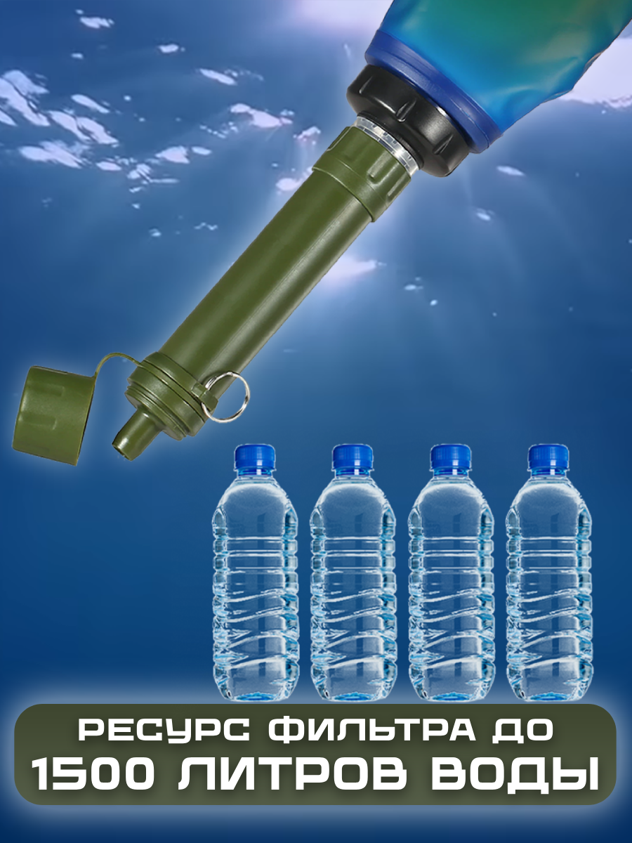 Фильтр для воды походный, карабин в комплекте, 4-ступенчатая очистка, армейский зеленый. — фото 1