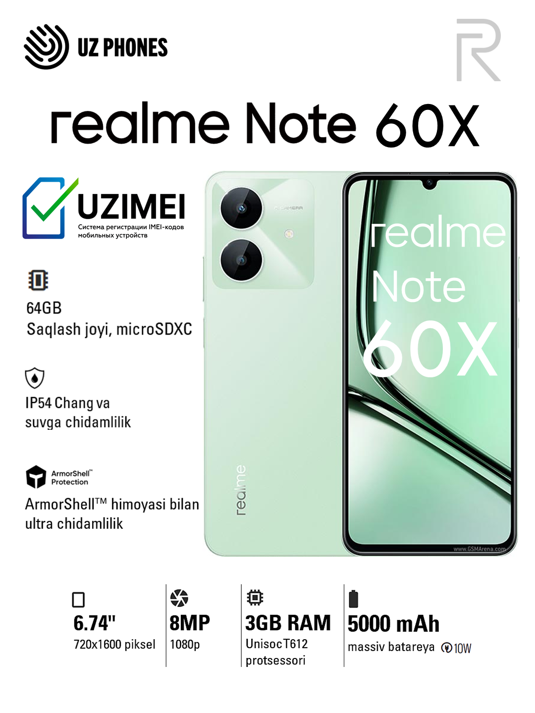 Смартфон Realme Note 60x, IPS 90 Hz дисплей, 5000 mAh, 10W, 3/64 ГБ, зеленый