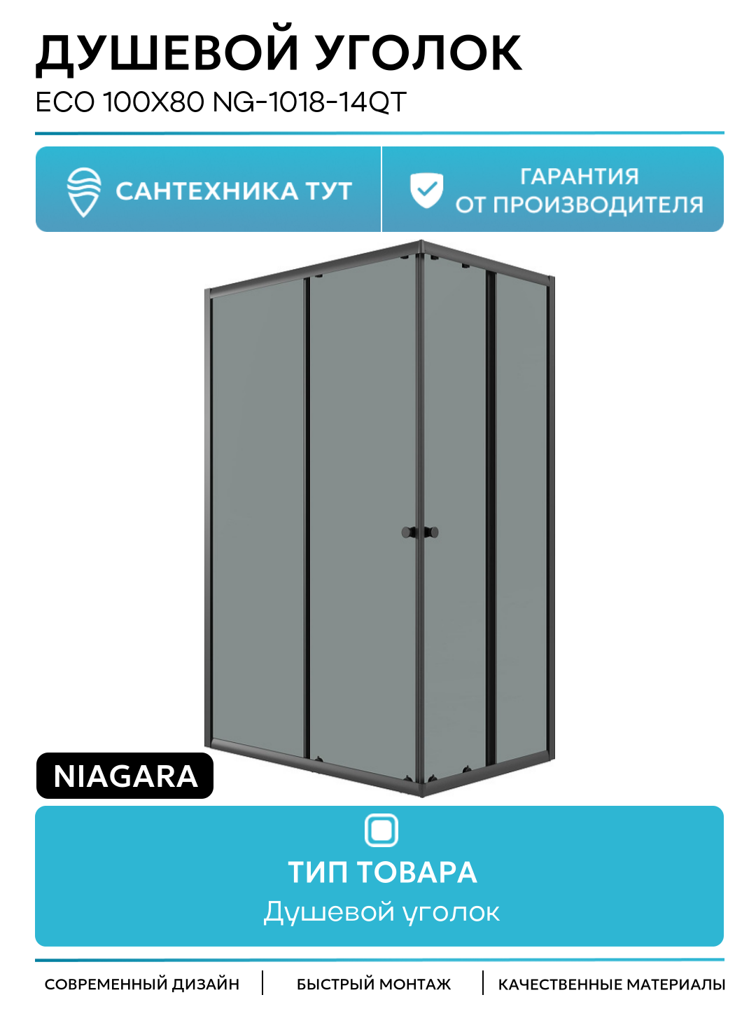 Душевой уголок Niagara Eco 100х80 NG-1018-14QT профиль цвет Черный матовый стекло тонированное