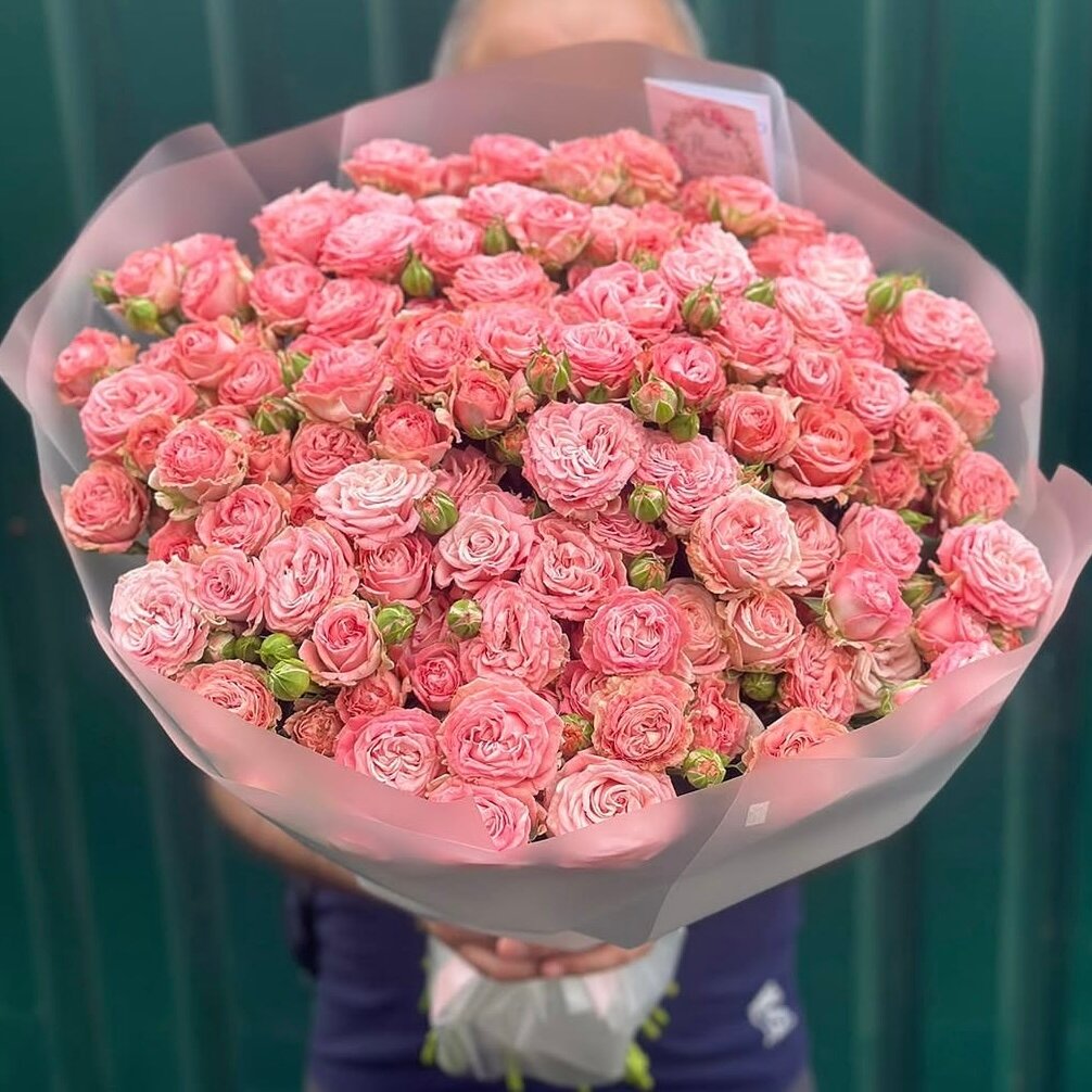 Букет из розовых кустовых роз 51 шт, красивый букет цветов, шикарный, премиум цветы, премиум букет