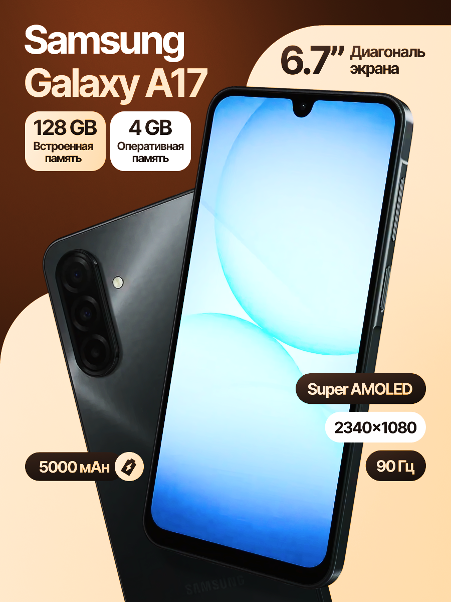Смартфон Samsung Galaxy A17, 5G, 4GB/128GB, Dual SIM, NFC, Black — фото 1