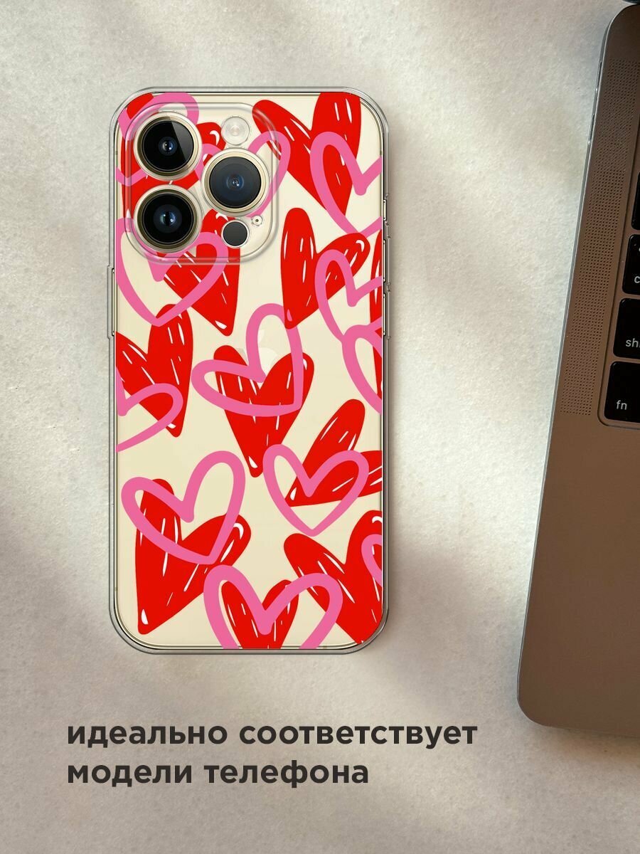 Чехол на Apple iPhone 14 Pro Max / Айфон 14 Про Макс с принтом "Hearts doodles - 14 февраля", прозрачный — фото 1