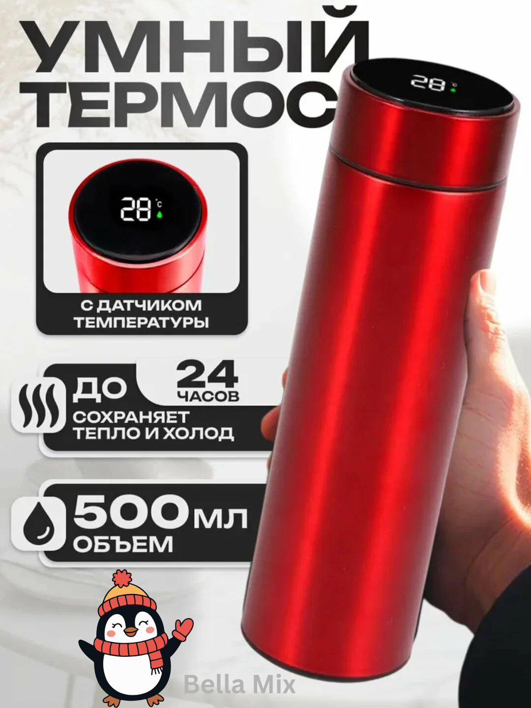 Термос с датчиком температуры, термокружка с индикатором градуса, 500 мл — фото 1