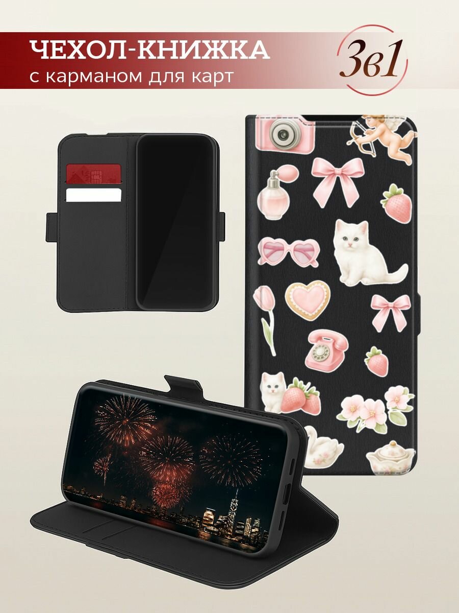 Чехол-книжка на Honor 90 Lite / Хонор 90 Лайт с принтом Коллаж для девочки, черный — фото 1