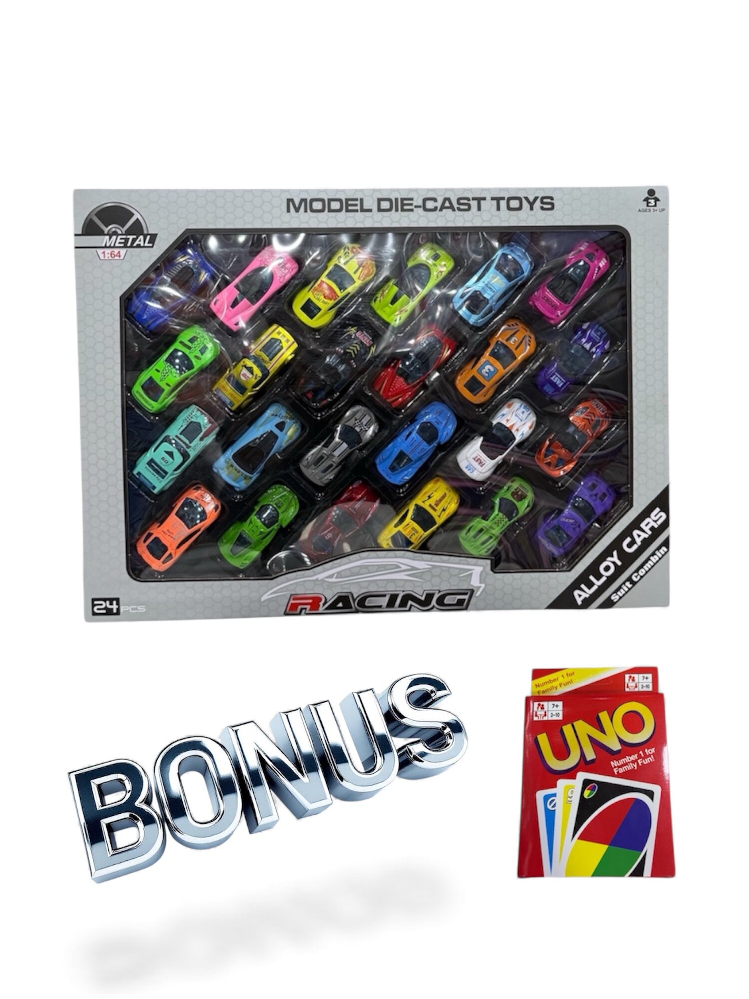 Набор из 24 металлических игрушечных машинок в масштабе 1:64 BONUS + ‘’ UNO ‘’ подарок