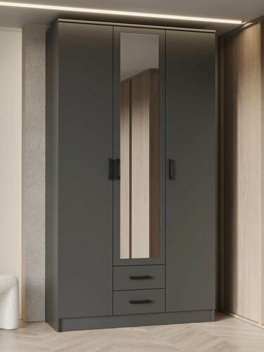 Изображение товара Распашной шкаф для одежды и хранения вещей Трио с зеркалом, с полками, с ящиками, со штангой для одежды, 120х48.7х220 см, Графит