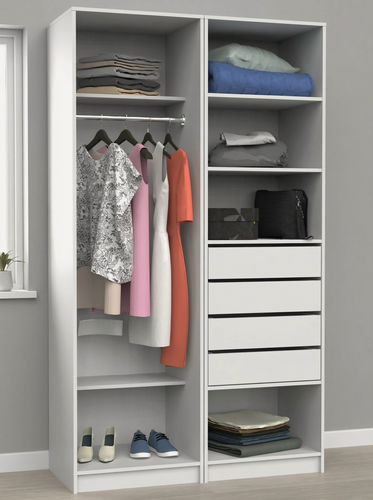 Изображение товара Открытый гардеробный шкаф Макс-10 со штангой для вешалок, 6 полками и 4 ящиками, ШхГхВ: 120х50х210 см, белый