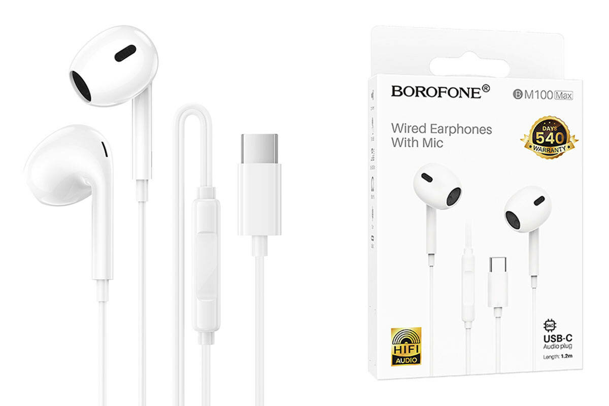 Проводные наушники с разъёмом Type-C BOROFONE BM100 Max Fuente — , с микрофоном, 14 мм динамик, кабель 1.2 м, Черные