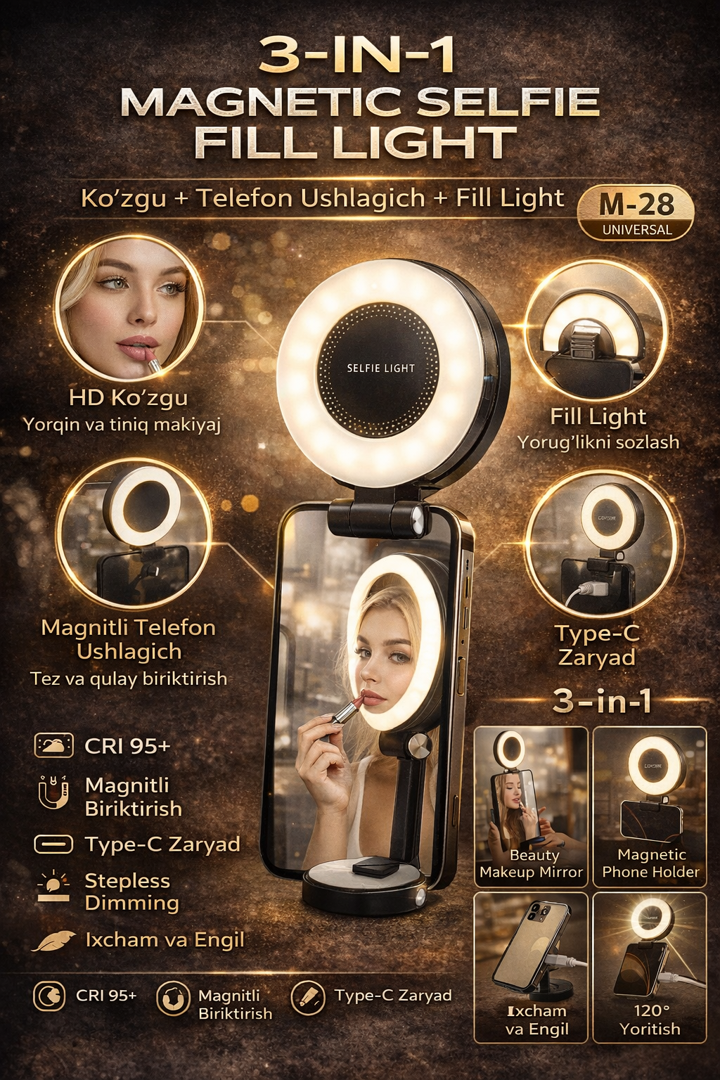 Магнитная лампа для селфи Telesin M-28, универсальный дизайн, 10 см, белый