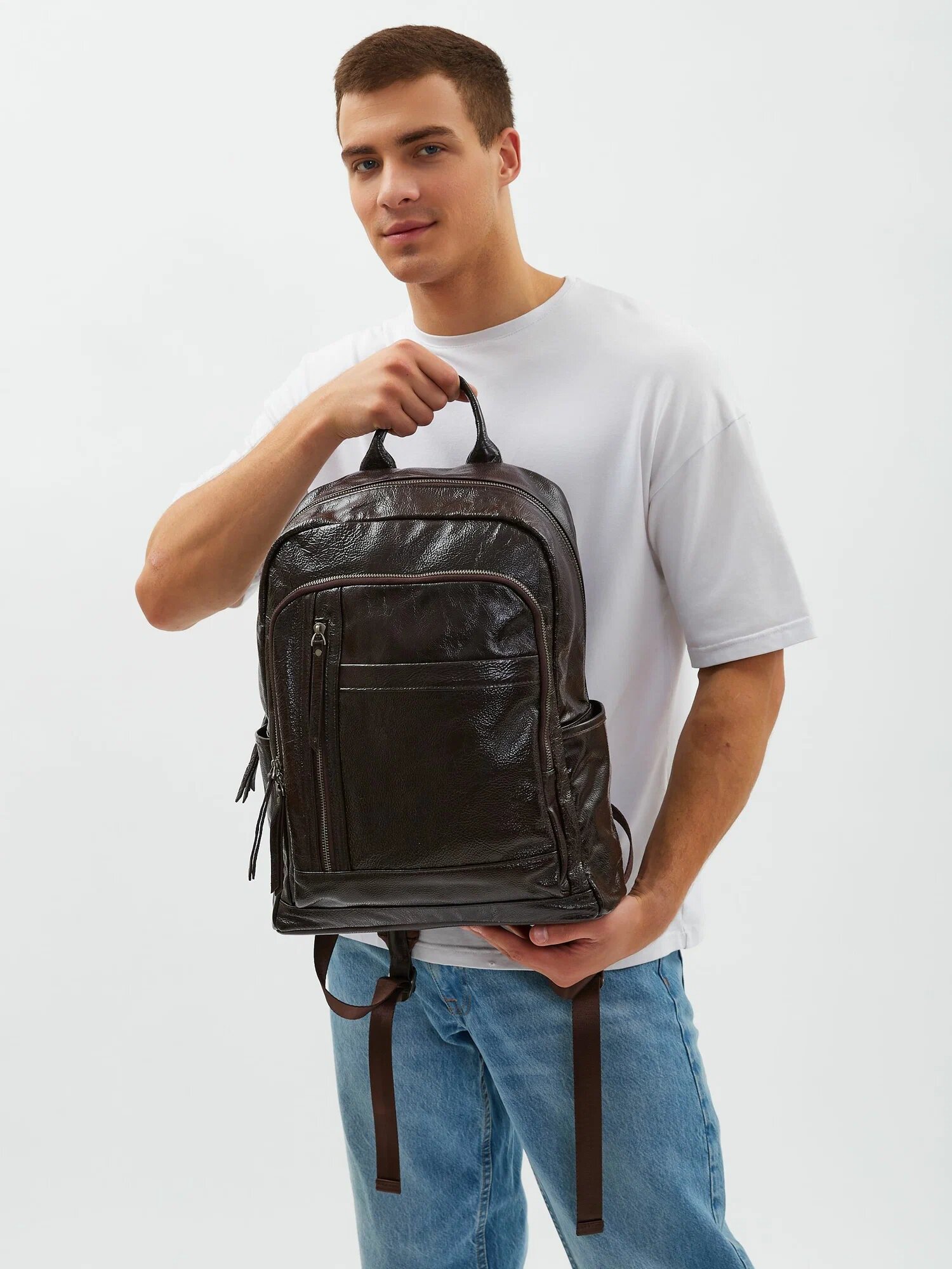 Рюкзак городской PouchMan, мужской, натуральная кожа, большой, для ноутбука, 21 л, 36х44х15 см, коричневый матовый