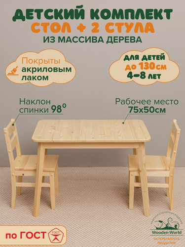 Изображение товара Детский стол и стул деревянный комплект для детей (столик 75х50см+2 стульчика) с лаковым покрытием