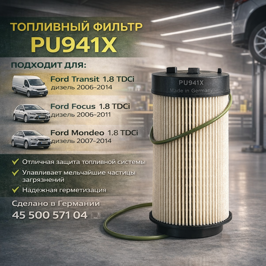 Фильтр топливный PU941X для Ford Transit Focus Mondeo 1.8 TDCi дизель 2006-2014