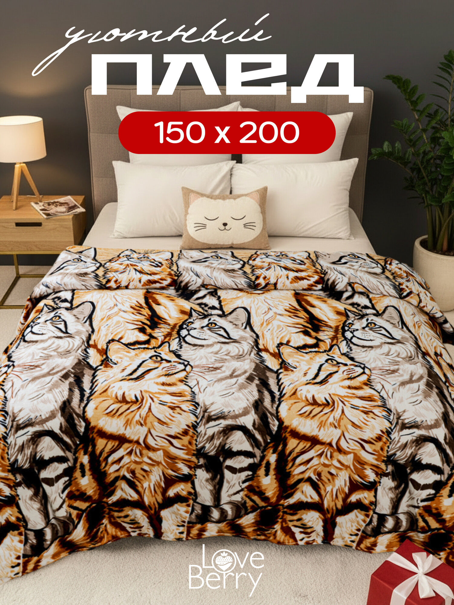 Плед 150х200 см LOVEBERRY из велсофта, плюшевый на диван и кровать. Мейнкун. Подарок маме