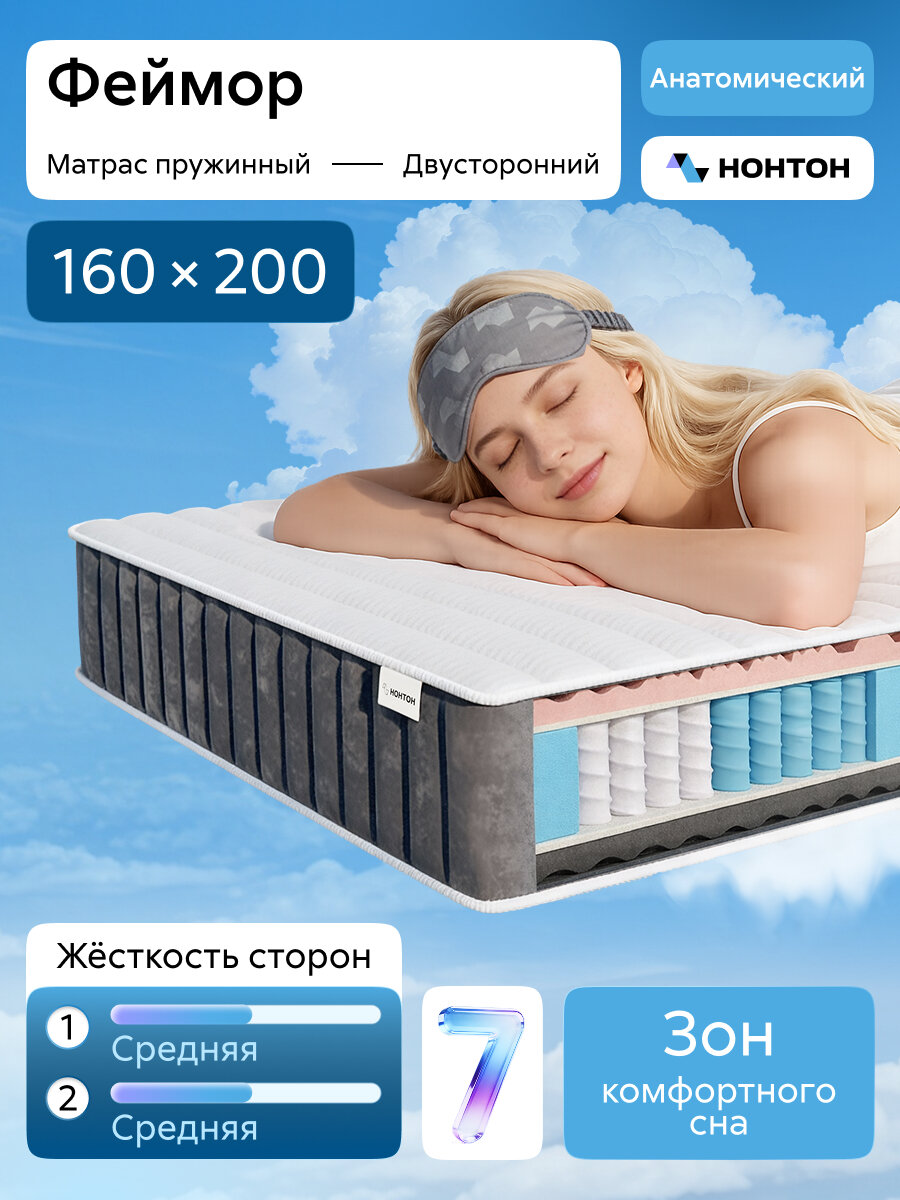 Матрас двуспальный Нонтон Феймор, 160x200 см, независимые пружины / трикотаж