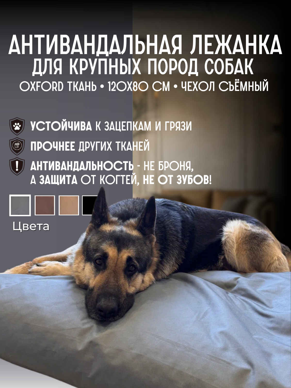 Лежанка антивандальная со съёмным чехлом, для кошек и собак крупных пород, 120х80х10см