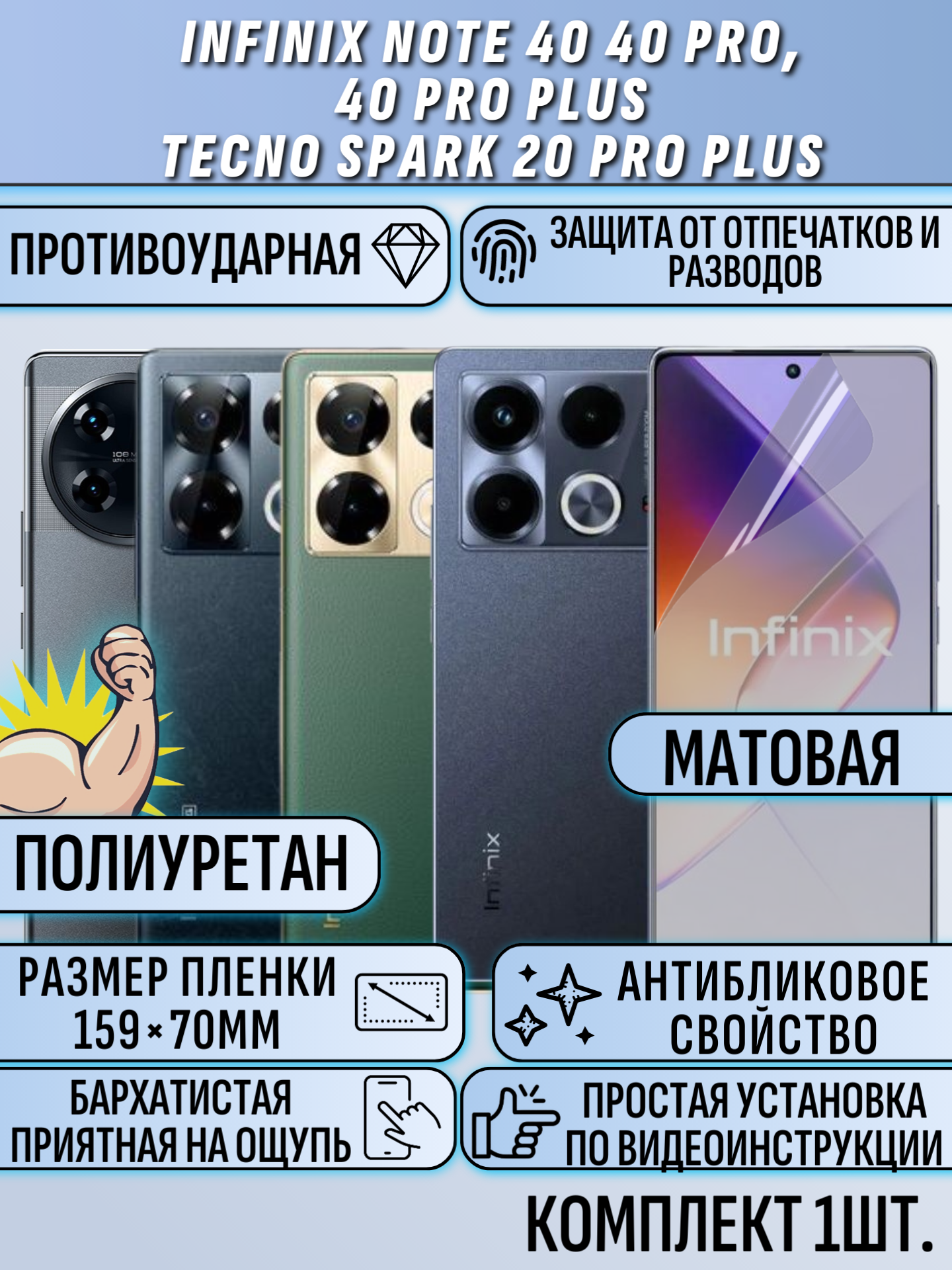 Гидрогелевая пленка для Infinix Note 40 40 Pro 40 Pro+ Tecno Spark 20 Pro+ Матовая под чехол