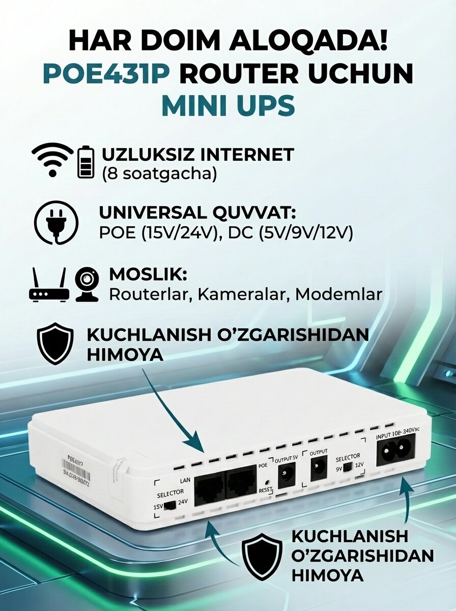 Мини ИБП для роутера POE431P (24V/15V/5V) — Источник бесперебойного питания с POE
