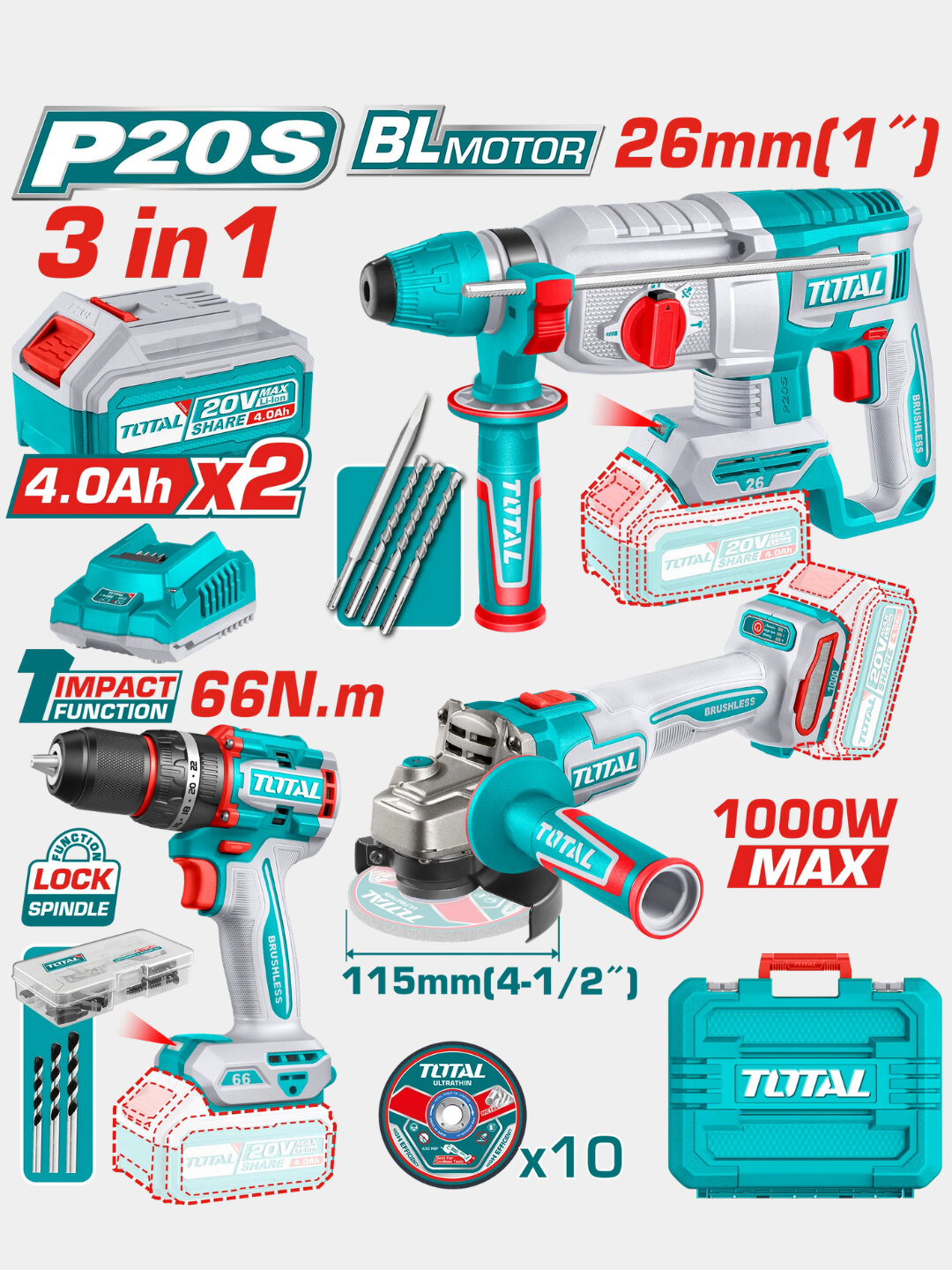 Набор инструментов TOTAL TOSLI241198 20V, перфоратор/шуруповерт/болгарка