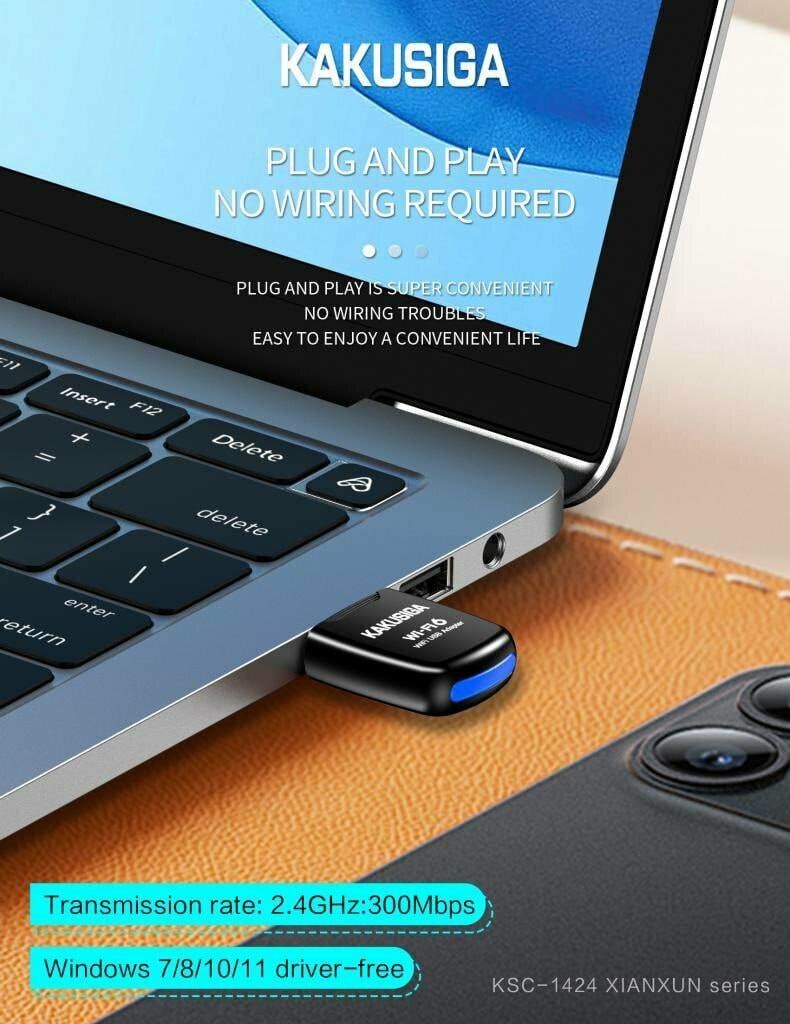 Адаптер wifi Kakusiga, 802.11 ax, двухдиапазонный, USB 3.0, черный — фото 1