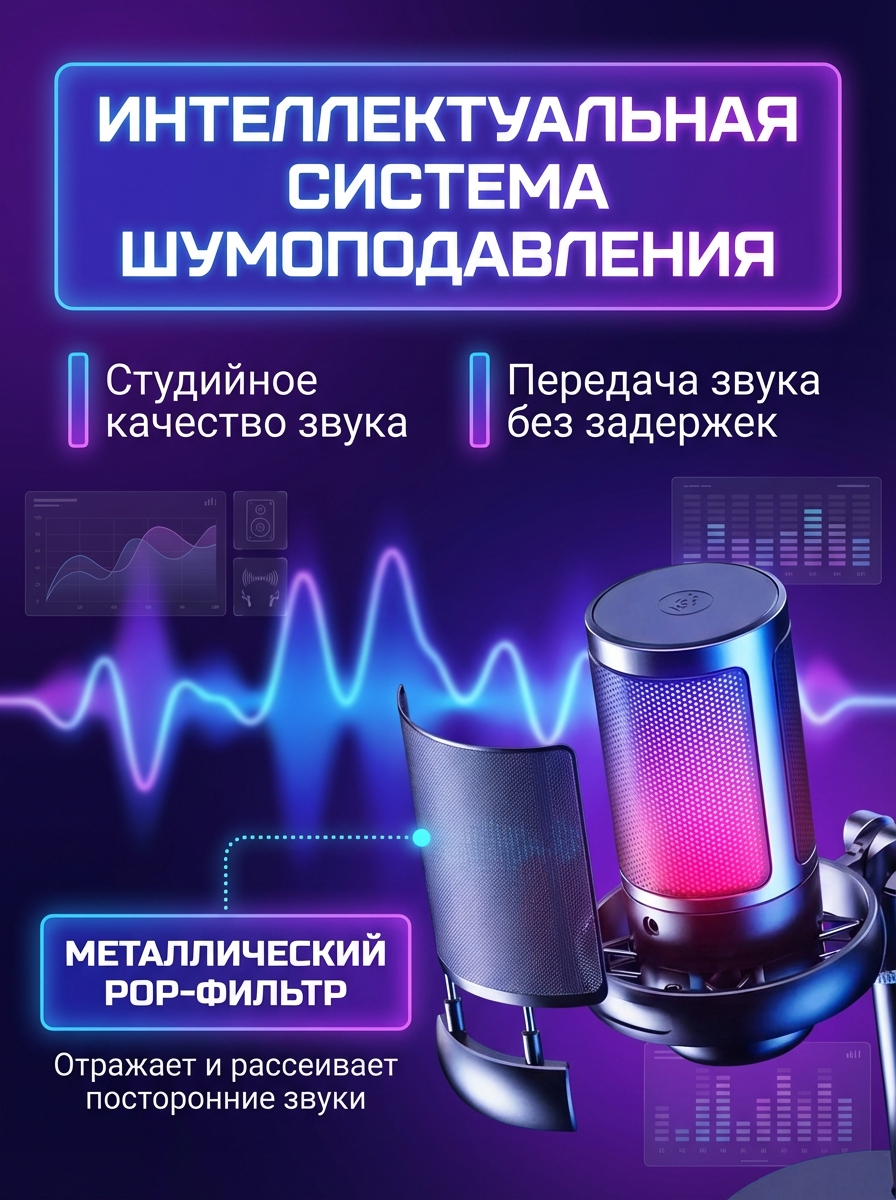 Конденсаторный USB микрофон, игровой RGB микрофон для компьютера и стрима, шумоподавление, подключение наушников — фото 1