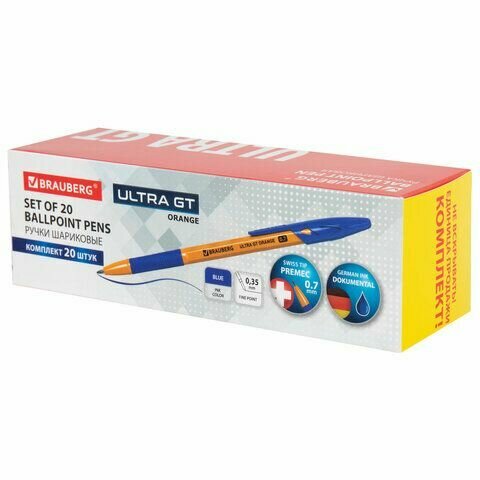 Ручка шариковая с грипом BRAUBERG "ULTRA GT ORANGE", комплект 20 штук, синяя, линия 0,35 мм, 144058