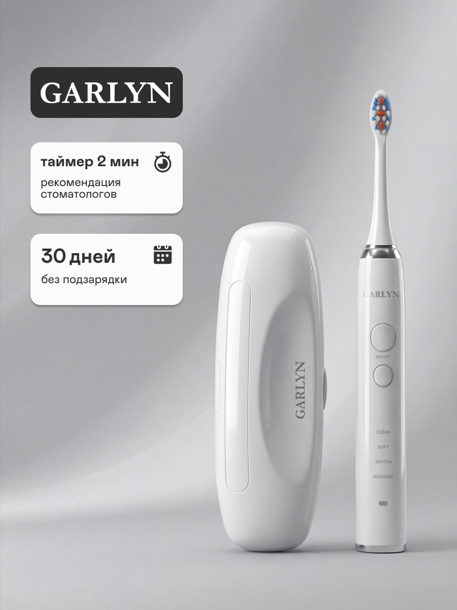 Электрическая ультразвуковая зубная щетка GARLYN Smile CrystalCare White, 4 режима, с футляром